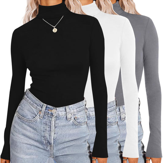 Ekouaer Womens 3 Piece Turtleneck Long Sleeve Shirts Lightweight Basic Slim Fit Soft Thermal Underwear Tops (S-XXL)