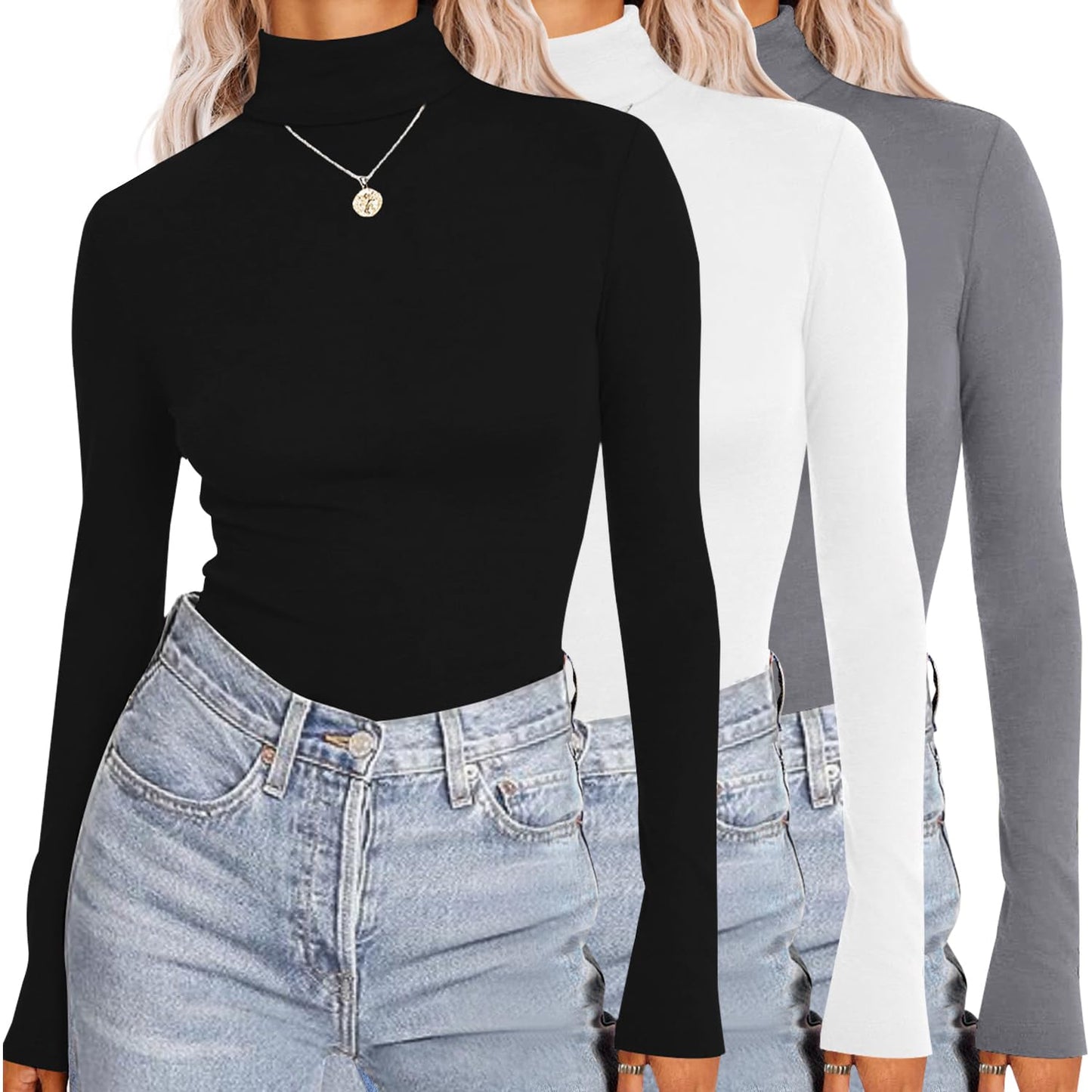 Ekouaer Womens 3 Piece Turtleneck Long Sleeve Shirts Lightweight Basic Slim Fit Soft Thermal Underwear Tops (S-XXL)