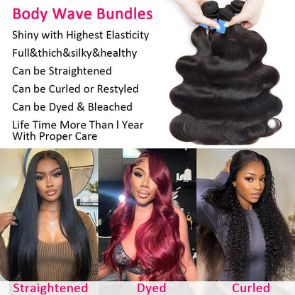 14A Body Wave Bundles Human Hair 20 22 24 Inch 100% Brazilian Virgin Real Raw Human Hair Bundles Body Wave Thick Weave Natural Color (20 22 24 Inch)