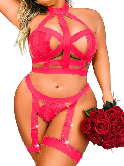 Curvy Lady's Strappy Lingerie For Women, Plus Size Exotic Garter Thong, BBW Halter Gifts For Him 3 Piece Set