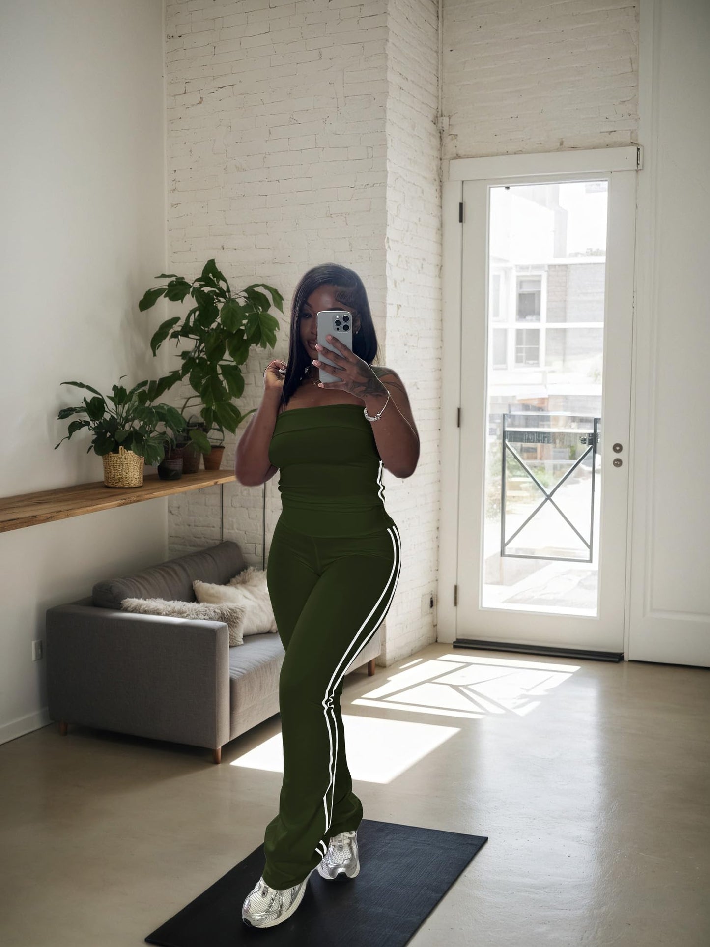 HBQ Women Two Piece Outfits Strapless Crop Top and Flare Pants Casual Stripe Lounge Sets Tracksuits