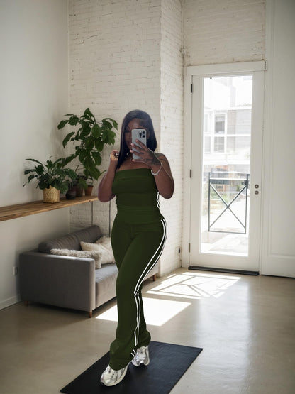 HBQ Women Two Piece Outfits Strapless Crop Top and Flare Pants Casual Stripe Lounge Sets Tracksuits