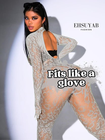 Sexy Lace Leopard Jumpsuit For Women, Fishnet Bodysuit Glow Party Club, Poster One Piece Mesh Full Body Rave Outfits