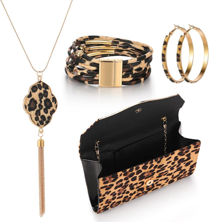 Haysandy 5 Pcs Women Leopard Sleeveless Jewelry Set Cami Dress Earring Necklace Bracelet Purse Date Club Costume