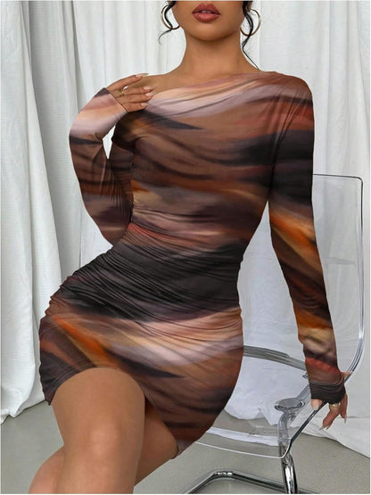 Women's Off Shoulder Ombre Tie Dye Bodycon Dress Long Sleeve Slim Fit Pencil Mini Dresses