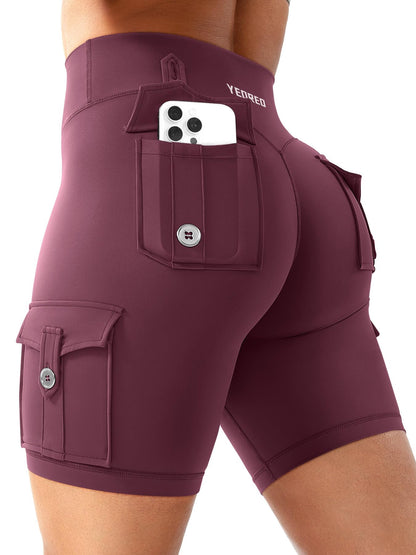 YEOREO CoreFlex Women Workout Biker Shorts with Cargo Pockets Hidden Scrunch High Waisted 8" Inseam Gym Shorts