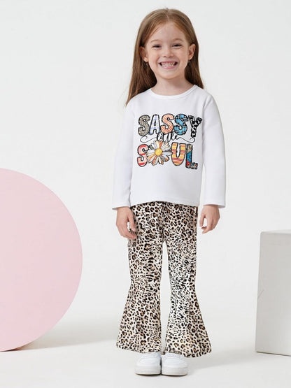 Toddler Girl Clothes Long Sleeve Cartoon & Letter Graphic Top + Fruit Stationery Print Flared Leg Pants