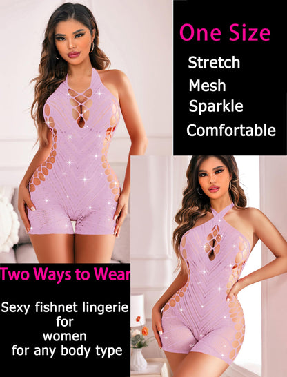 Avidlove Womens Lingeries Fishnet Lingerie for Women Sexy Outfit Fishnet Bodysuit Sparkle Rhinestone Cut Out Romper