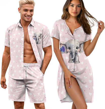 His and Her Pajamas for Couples Set Plus Size Button Down Pjs Nightgown Sleepwear Lounge Sets