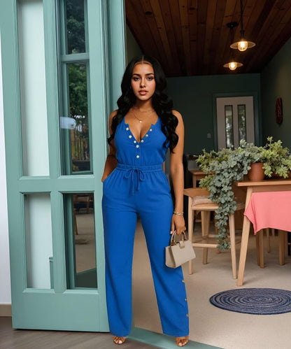 Two Piece Sets for Women Summer Casual Sleeveless Button Crop Top Drawstring Wide Leg Pants Set