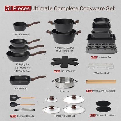 Kikcoin Pots and Pans Set Non Stick 31 Piece Kitchen Nonstick Cooking Cookware Sets with Grill Pan Saucepan Baking Sheet Utensil