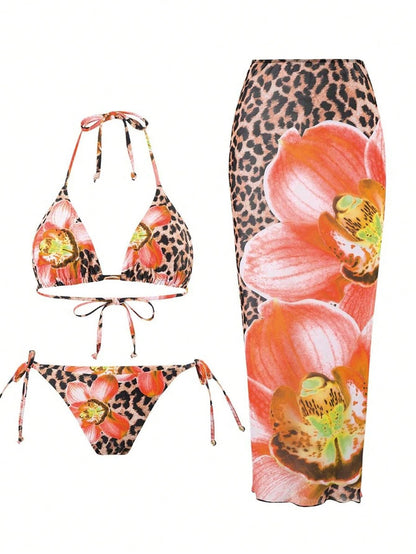 ZAFUL Womens 3pcs Swimsuit Floral Halter Triangle Bikini Top Tie Side Bottom with Long Sheer Cover Up Skirt