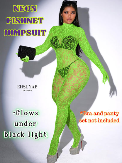 Sexy Lace Leopard Jumpsuit For Women, Fishnet Bodysuit Glow Party Club, Poster One Piece Mesh Full Body Rave Outfits