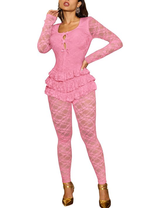 Women's Jumpsuits Dressy Lace Cutout Bow Front Ruffled Trim Floral Lace One Piece Party Club Jumpsuits Outfits
