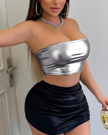 Women's Metallic Shiny Tube Top - Strapless Party Crop Top for Rave, Festival & Night Out
