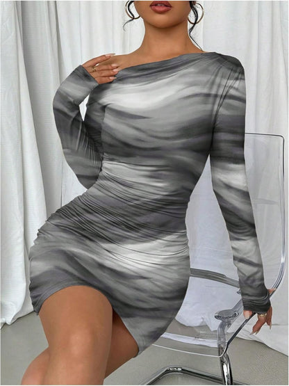 Women's Off Shoulder Ombre Tie Dye Bodycon Dress Long Sleeve Slim Fit Pencil Mini Dresses