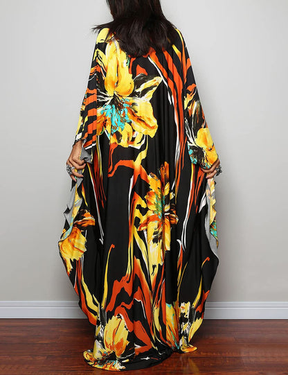 Bsubseach Women Ethnic Print Kaftan Beach Dress Plus Size Swimsuit Cover Up