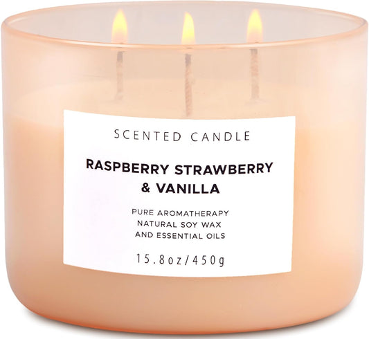 Raspberry Strawberry Vanilla 3 Wick Scented Candle | Large Soy Candles for Home 15.8 oz | Long Lasting Aromatherapy Candle Gift | Refreshing Berry Scented Candles | Relaxing Candle for Women & Men