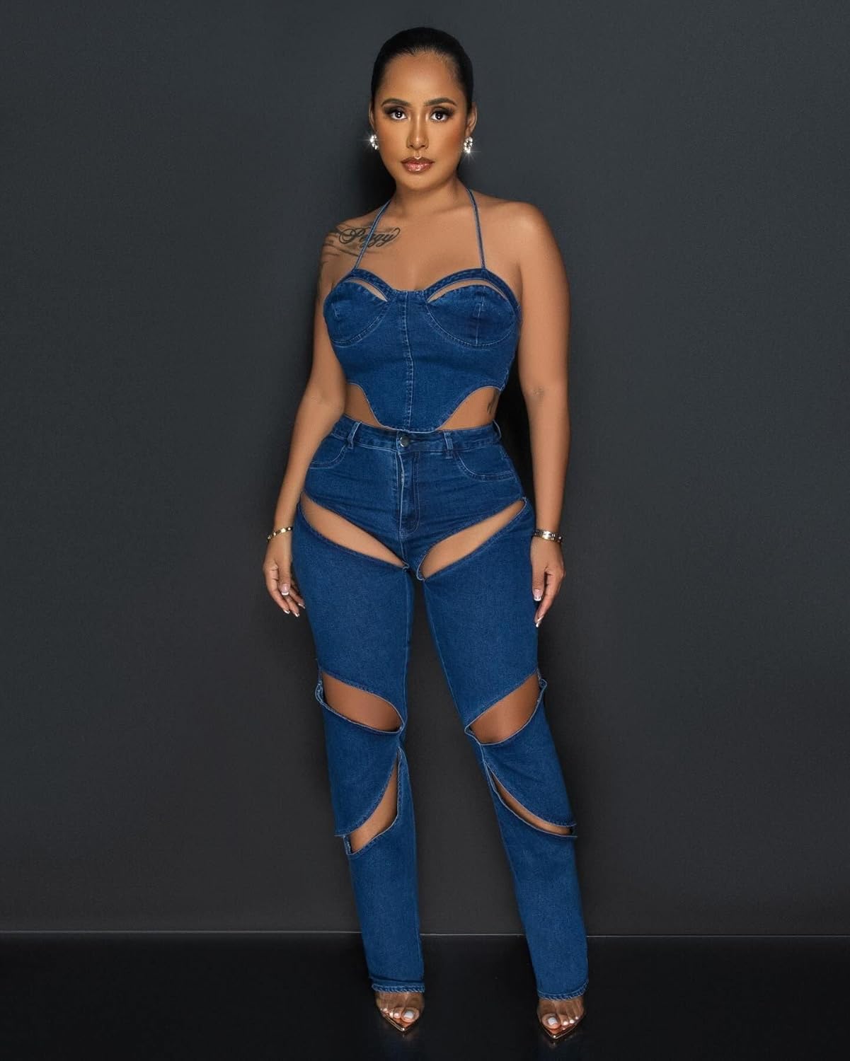 Denim 2 Piece Outfit for Women Sleeveless Cropped Tank Top Bodycon Pants Set Sexy Jean Hollow Out Party Club Tracksuit