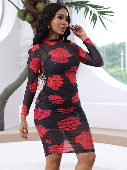 Women Sexy See Through Mesh Long Sleeve Ruched Midi Dresses Crop Top Bodycon Skirt 3 Piece Outfits Set Clubwear