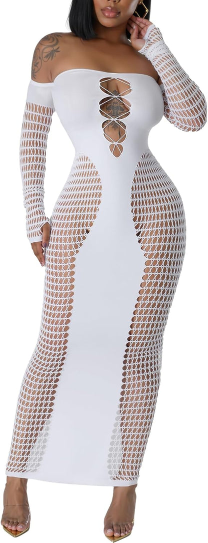 Women's Dress Sexy Club Dress Elegant Long Sleeve Off Shoulder Hollow Out Mesh Bodycon Party Dresses