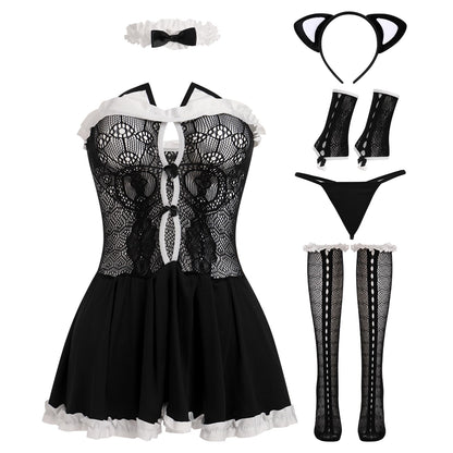 ABAFIP Women's Cute Cosplay Outfits Kawaii Anime Role Play Cow Kitten Ear Headband Stockings Ruffle Mini Dress set