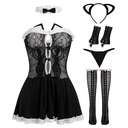 ABAFIP Women's Cute Cosplay Outfits Kawaii Anime Role Play Cow Kitten Ear Headband Stockings Ruffle Mini Dress set