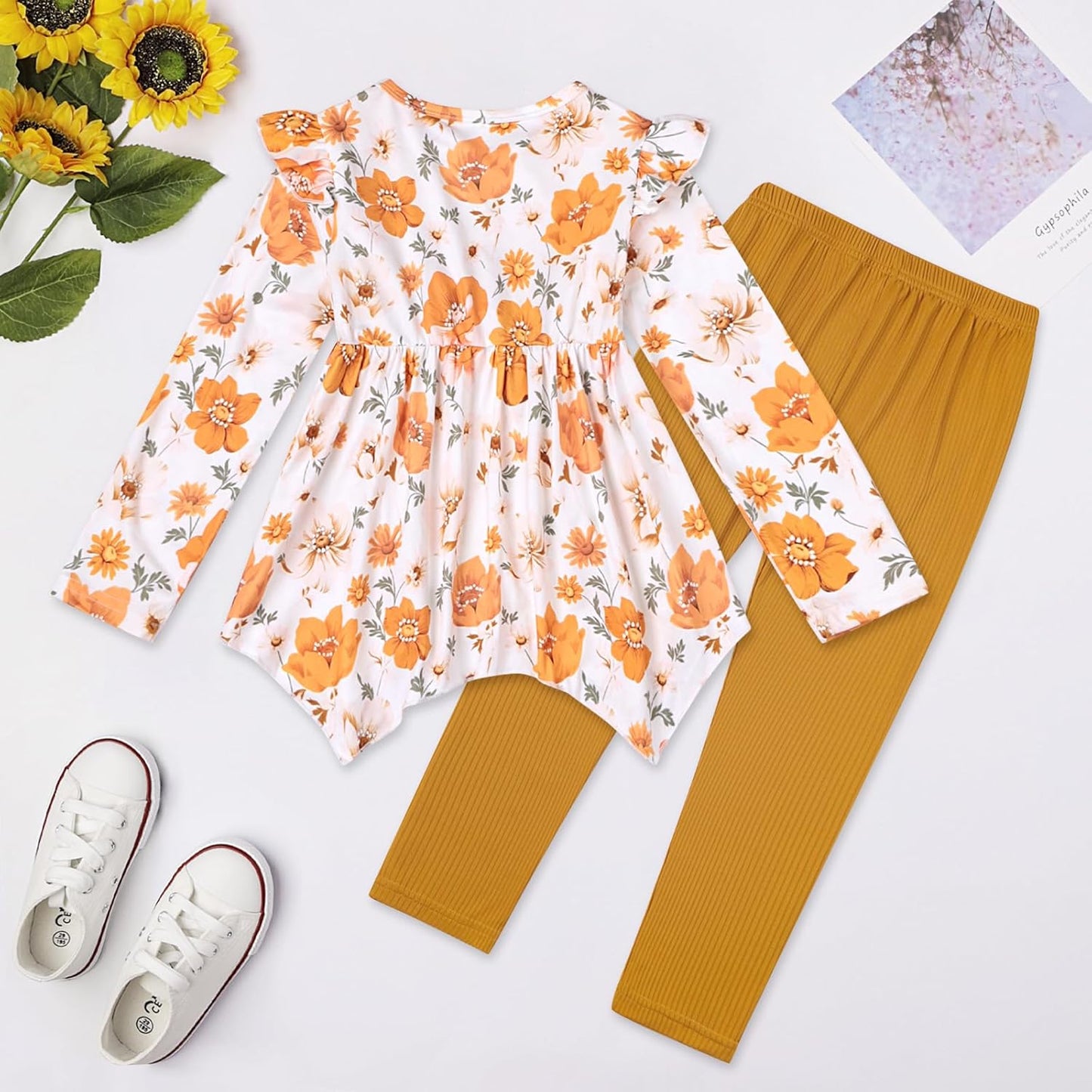 Toddler Kid Girl Clothes Ruffle Sleeve High Low Top Floral Allover Pants Fall Winter Outfit Set