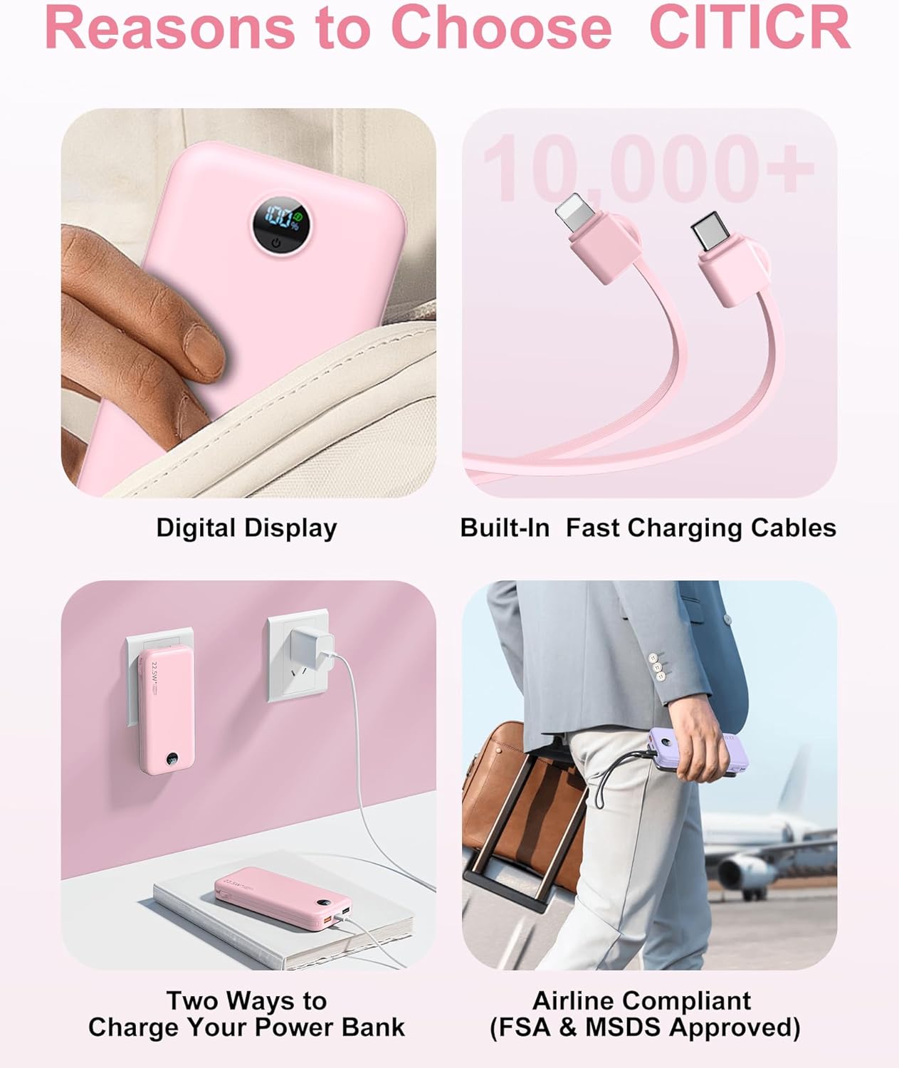 Portable Charger Power Bank, 12000mAh 22.5W USB C Power Bank Fast Charging with Built-in Cables and Wall Plug, Travel Essential Battery Pack with LED Display Compatible with iPhone, iPad, Samsung Pink
