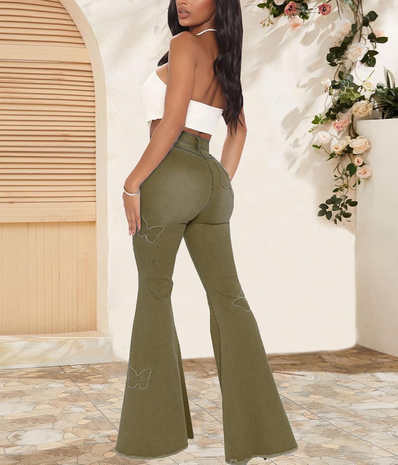 Women's Bell Bottom Jeans Classic Destoryed Ripped Flare Jeans Elastic Waist Raw Hem Denim Pants