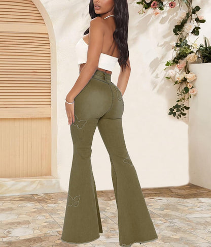 Women's Bell Bottom Jeans Classic Destoryed Ripped Flare Jeans Elastic Waist Raw Hem Denim Pants