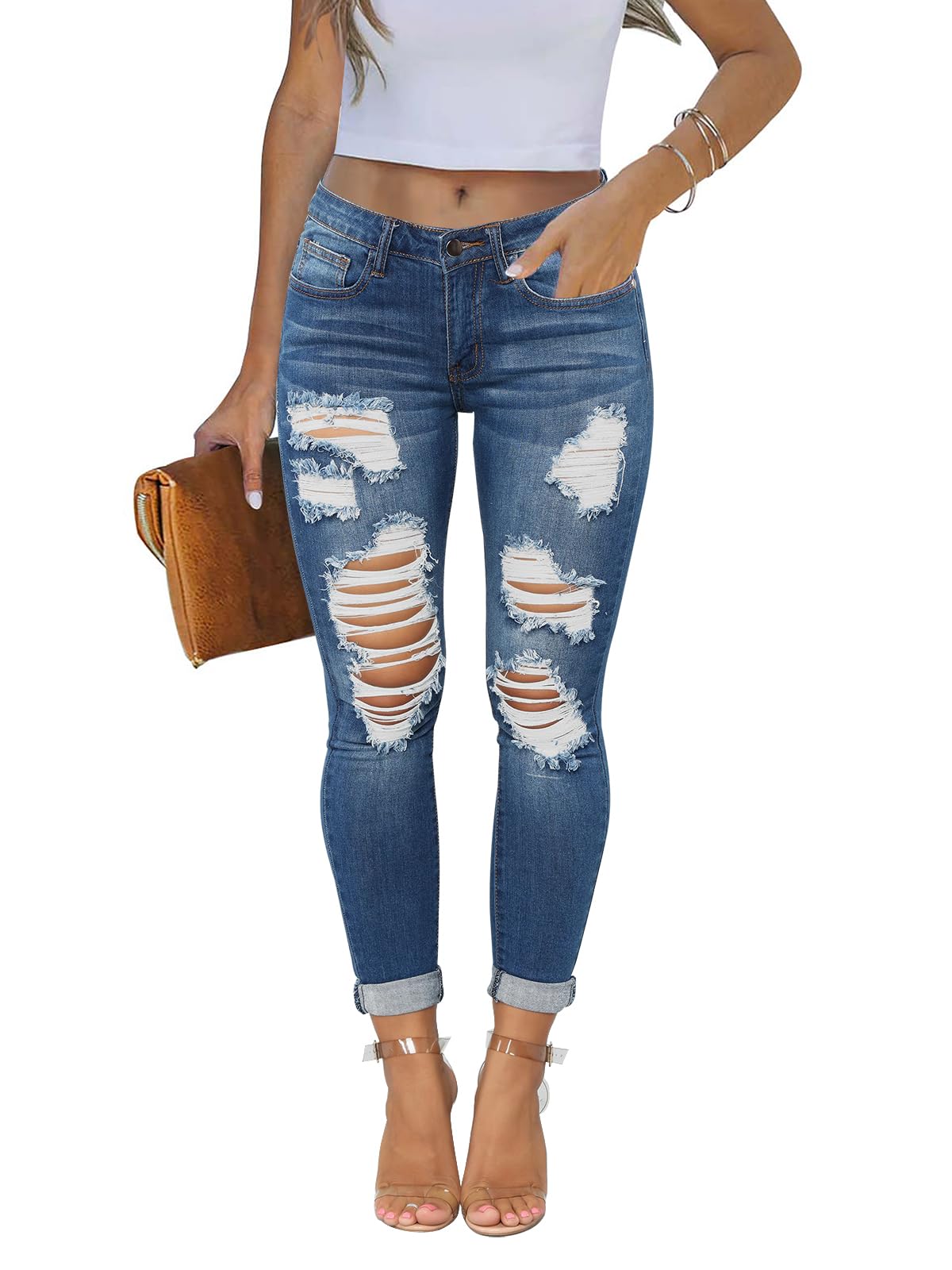 KUNMI Women's Skinny Ripped Trendy Jeans Distressed Stretchy Denim Pants