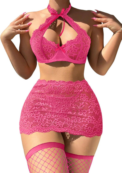 Sexy Cutout Halter Underwire Sheer Mini Skirt Stocking Lingerie Set 4 Piece Outfits