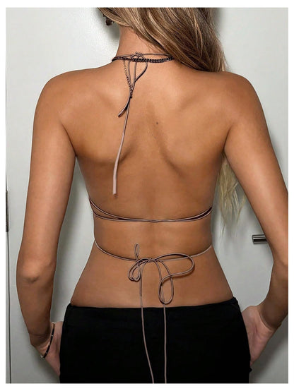 SweatyRocks Women's Glitter Rhinestone Criss Cross Halter Tops Backless Sleeveless Asymmetrical Party Crop Tops