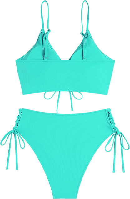 ZAFUL Women V Neck Bikini Set Ruched Tie Front High Waisted Floral Print Ribbed 2 Piece Bathing Suit Swimsuits