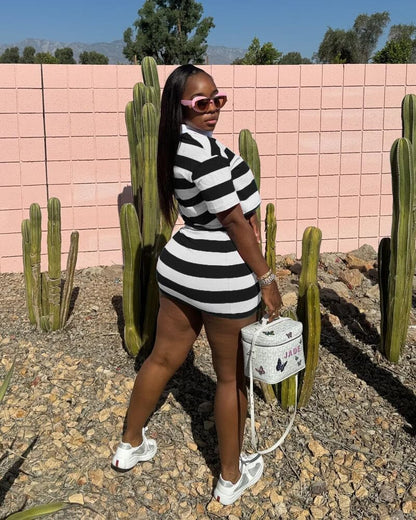 HBQ Women's Casual Two Piece Skirt Sets Polo Collar Crop Top Striped Mini Dress Summer Vacation-Stripe