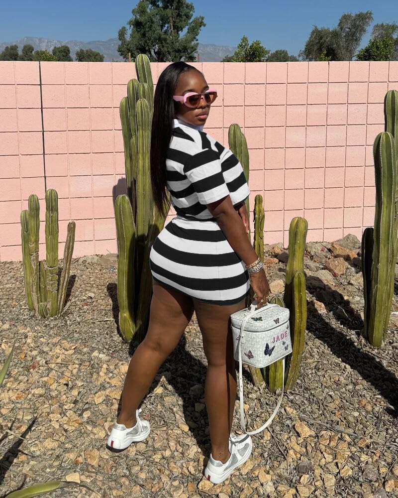 HBQ Women's Casual Two Piece Skirt Sets Polo Collar Crop Top Striped Mini Dress Summer Vacation-Stripe