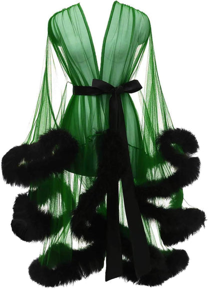 Tulle Feather Robe Sexy Sheer Mesh Fur Bridal Illusion Boudoir Bathrobe Nightgown Christmas Lingerie
