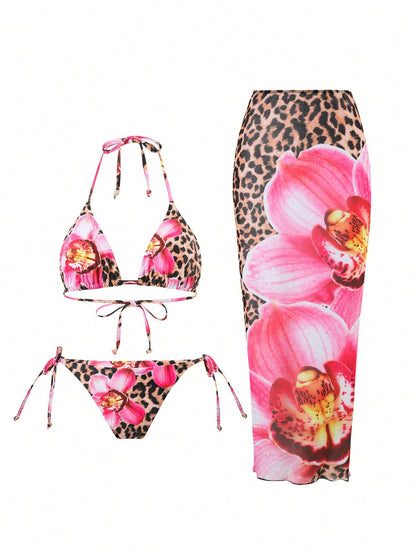 ZAFUL Womens 3pcs Swimsuit Floral Halter Triangle Bikini Top Tie Side Bottom with Long Sheer Cover Up Skirt