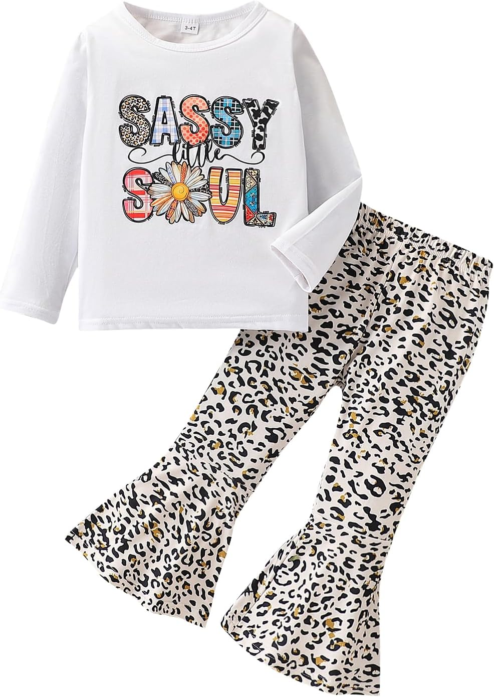 Toddler Girl Clothes Long Sleeve Cartoon & Letter Graphic Top + Fruit Stationery Print Flared Leg Pants