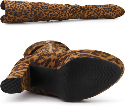 Allegra K Women's Platform Round Toe Zipper Slouch Heel Over the Knee Thigh High Boots