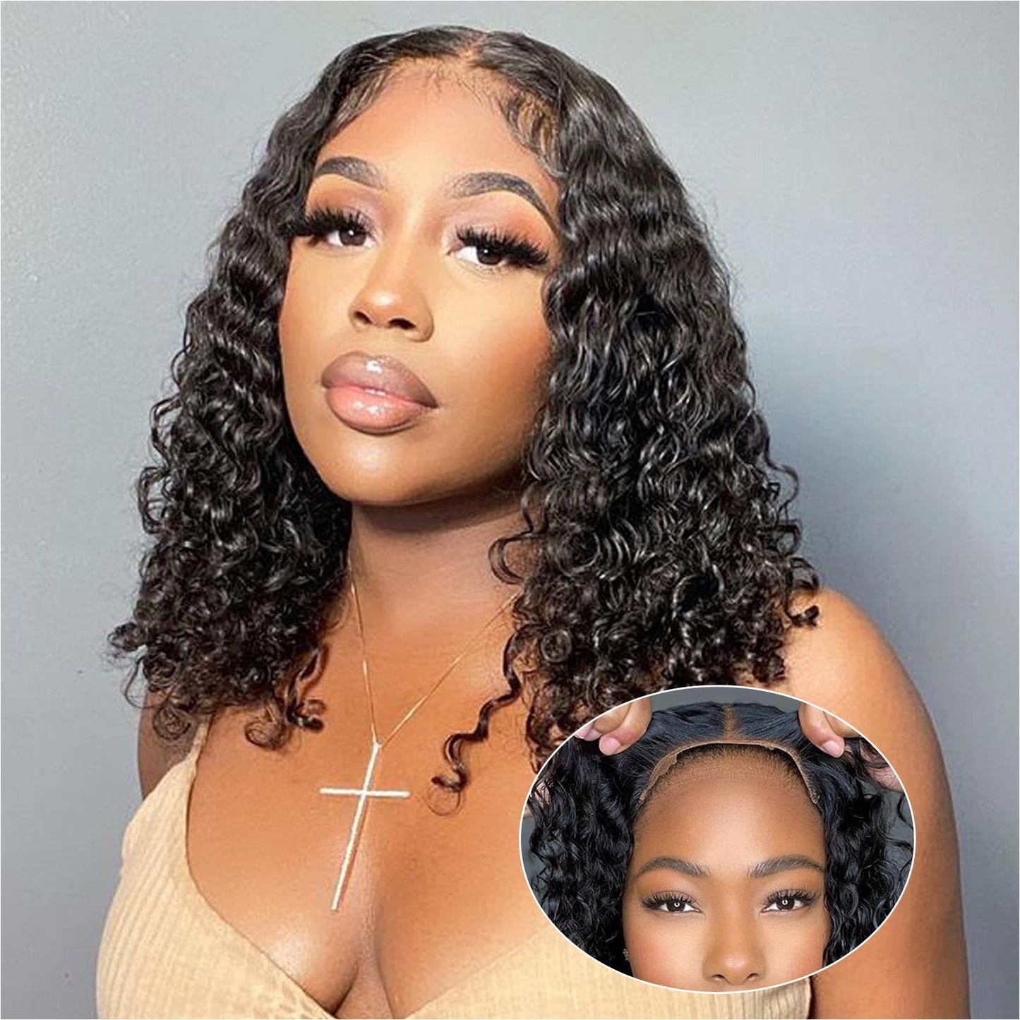 Curly Bob Wig Human Hair Deep Wave 13x4 HD Lace Front Wigs For Black Women Human Hair Pre Plucked Wear And Go Glueless Short Wet And Wavy Ombre Honey Blonde Highlight Color 4/27 14 Inch