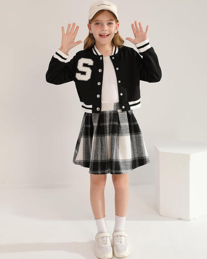 Girls 2 Piece Outfits Skirt Set Button up Jacket Sweatshirt and Pleated Mini Skirts Fall Winter Clothes Size 7-14Y