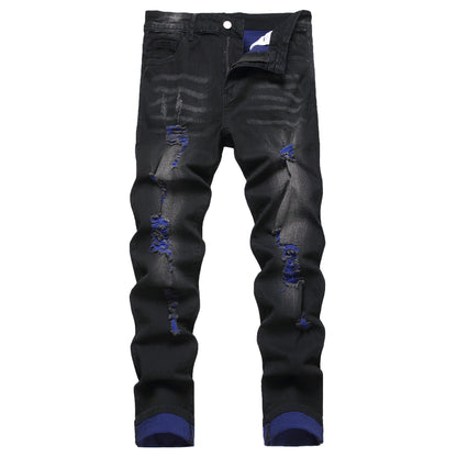 Men's Slim-fit Stretch Denim Jeans Featuring a Ripped Stretch Regular Pants
