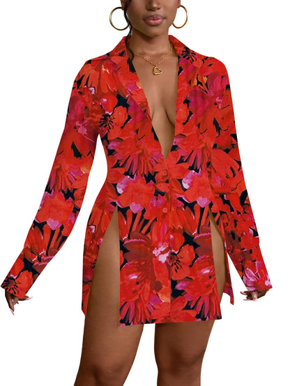 LYANER Women's Button Down Shirt Dress Collar V Neck Long Sleeve Slit Sexy Shirt Dresses