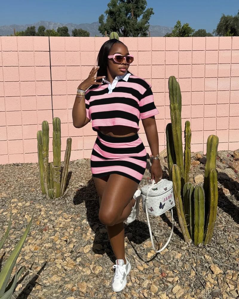 HBQ Women's Casual Two Piece Skirt Sets Polo Collar Crop Top Striped Mini Dress Summer Vacation-Stripe