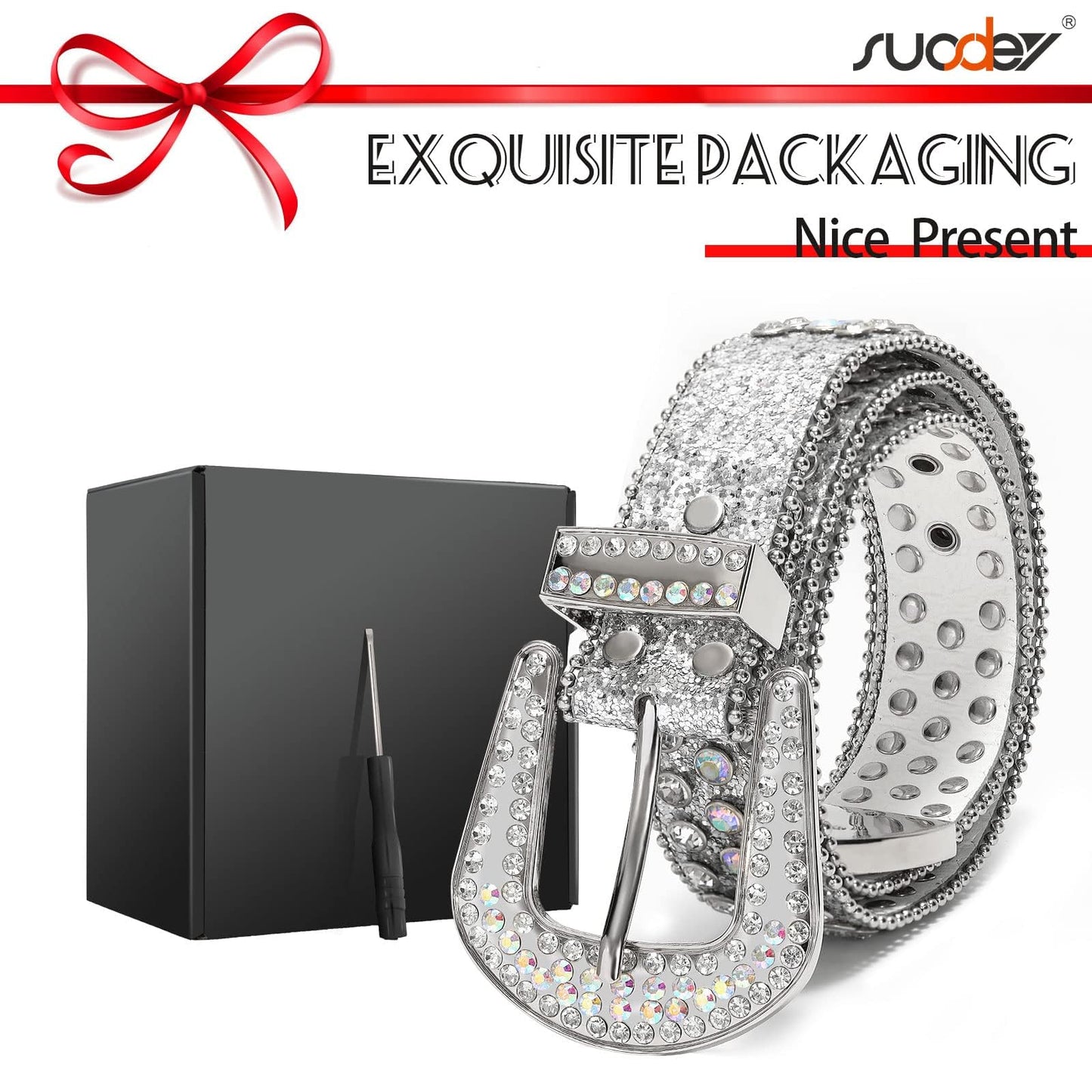 SUOSDEY Rhinestone Belt Unisex Sequin Strap Bling Crystal Western Studs Glitter Luxury Belt for Jeans Pants Dress