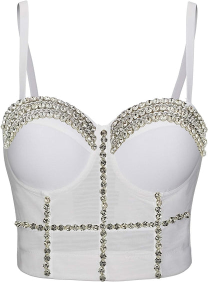 Women's Handmade Rhinestone Diamond Push up Bustier Crop Top Punk Corset Bra Vest