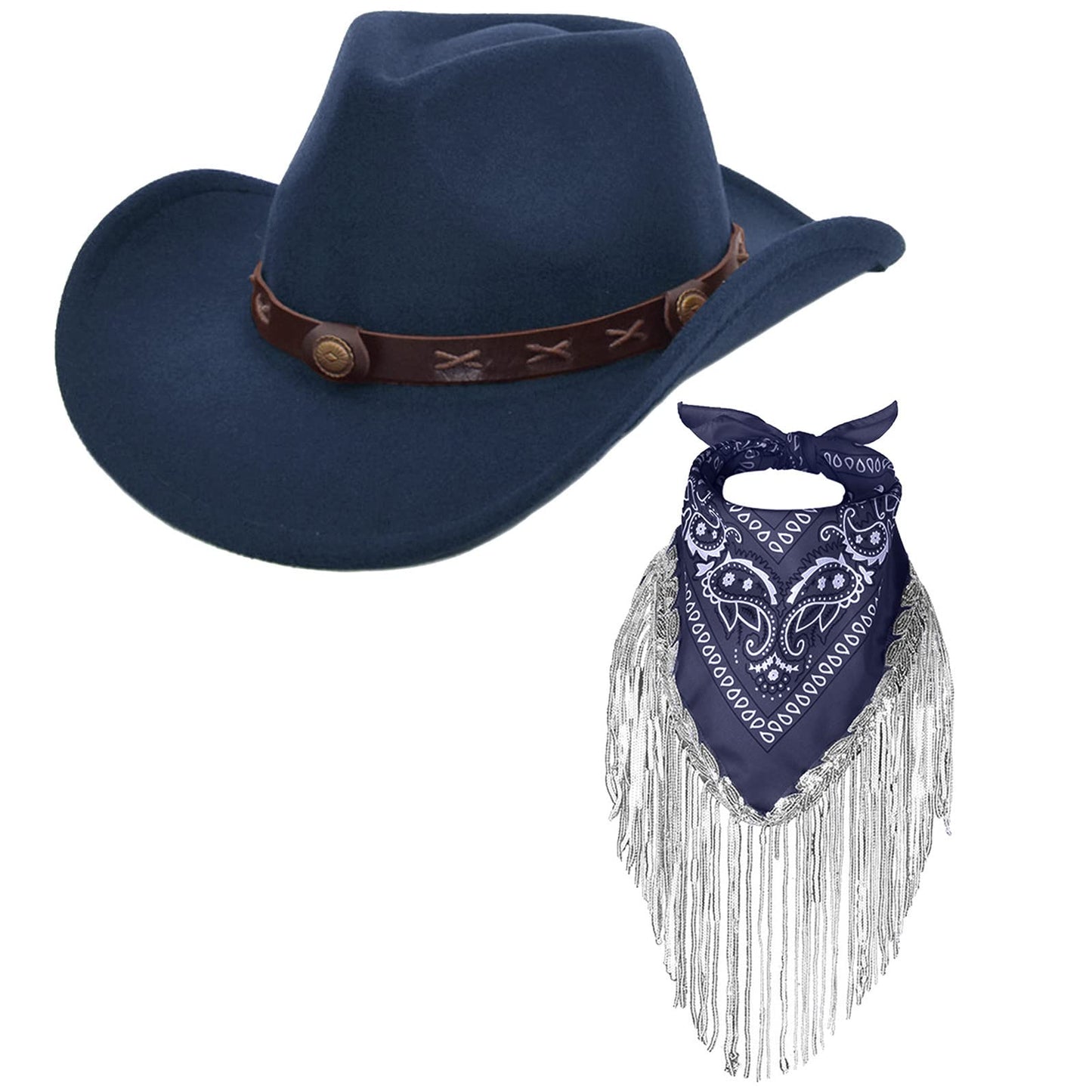 Ibeauti Cowboy Hat with Fringed Bandana Set for Women Wide Brim Western Cowgirl Hat Paisley Head Wrap Scarf
