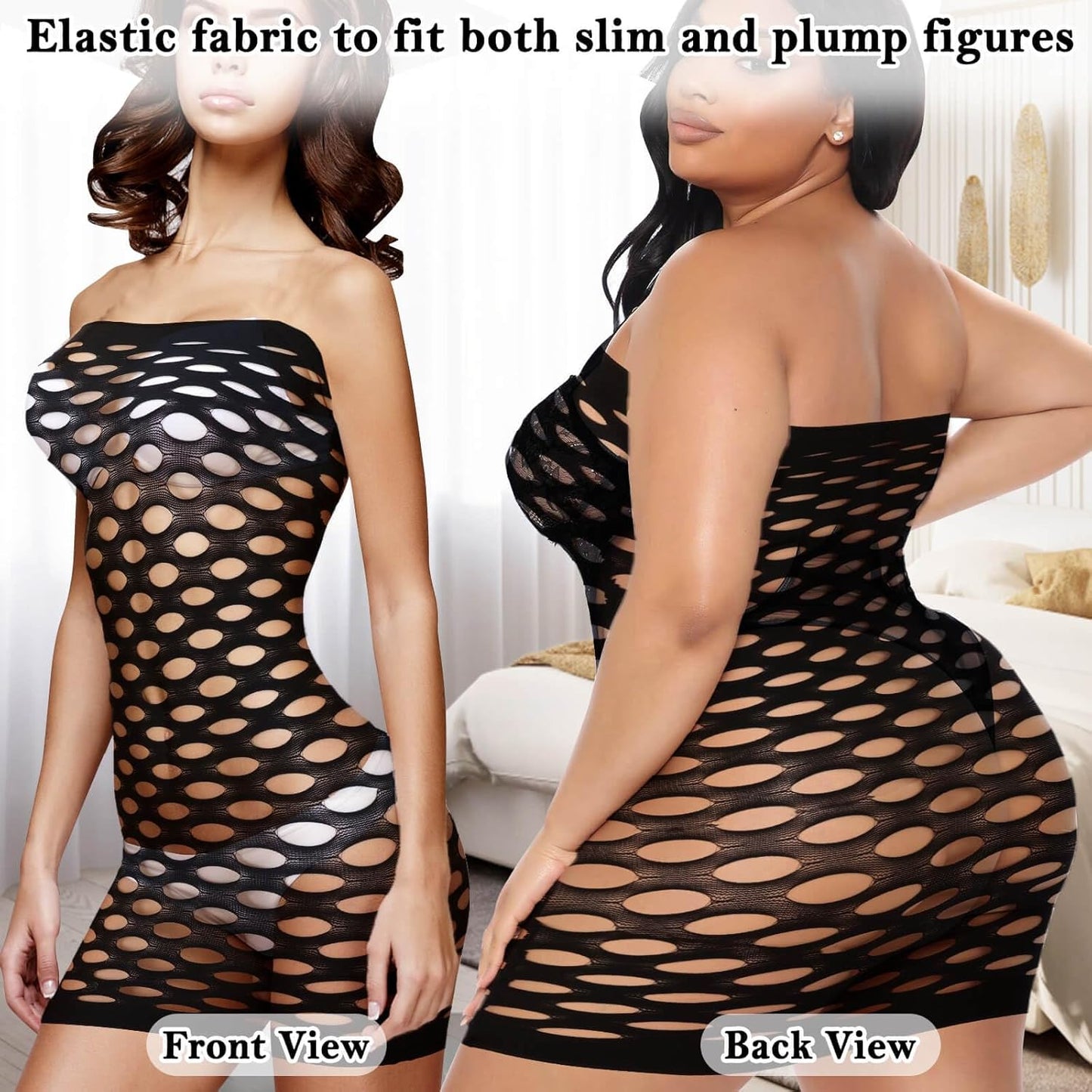 selizo Fishnet Lingerie Dress for Women, Black Fish Net Bodysuit Sexy Chemise Teddy Naughty Women's Mesh Lace Body Stockings